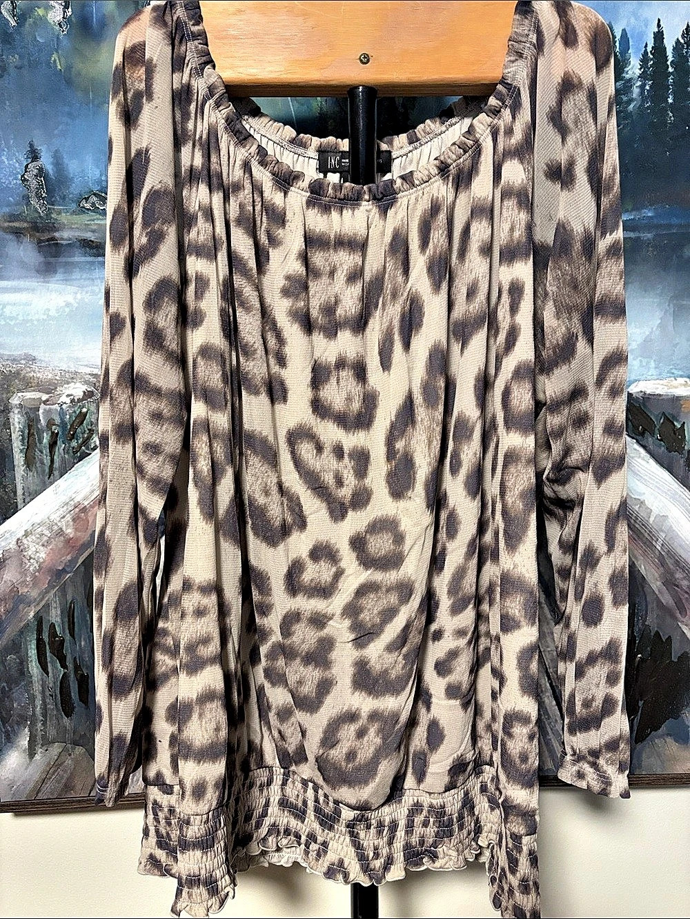 INC International Concepts Animal Print Long Sleeve Blouse in cream and grey 1X